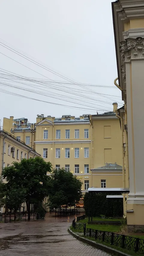 A serene city street captured on a rainy day, showcasing classic architecture and lush trees.