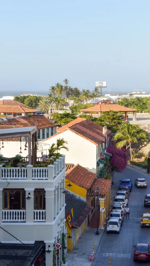 Aerial view of a charming tropical town with palm trees, rooftops, and a lively street scene.