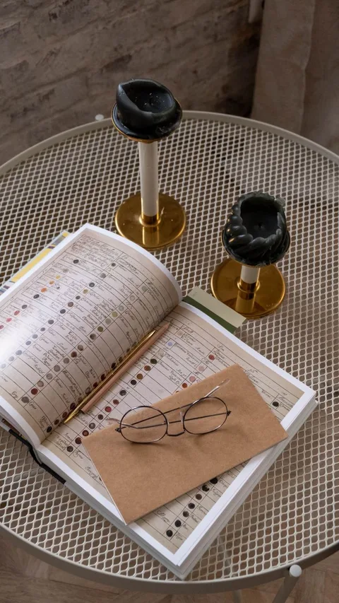 Book and glasses on round metal table for Parador Routes road trip planning