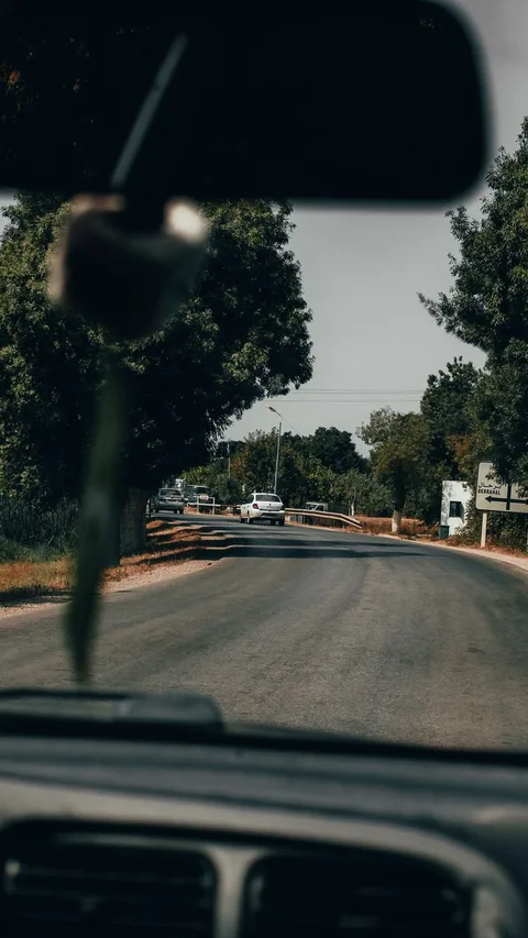 Car windshield view of a winding Parador route road lined with trees in Spain